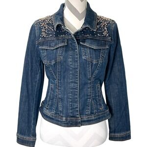 White House Black Market Pearl Embellished Denim Trucker Jacket MP Cedar Vintage
